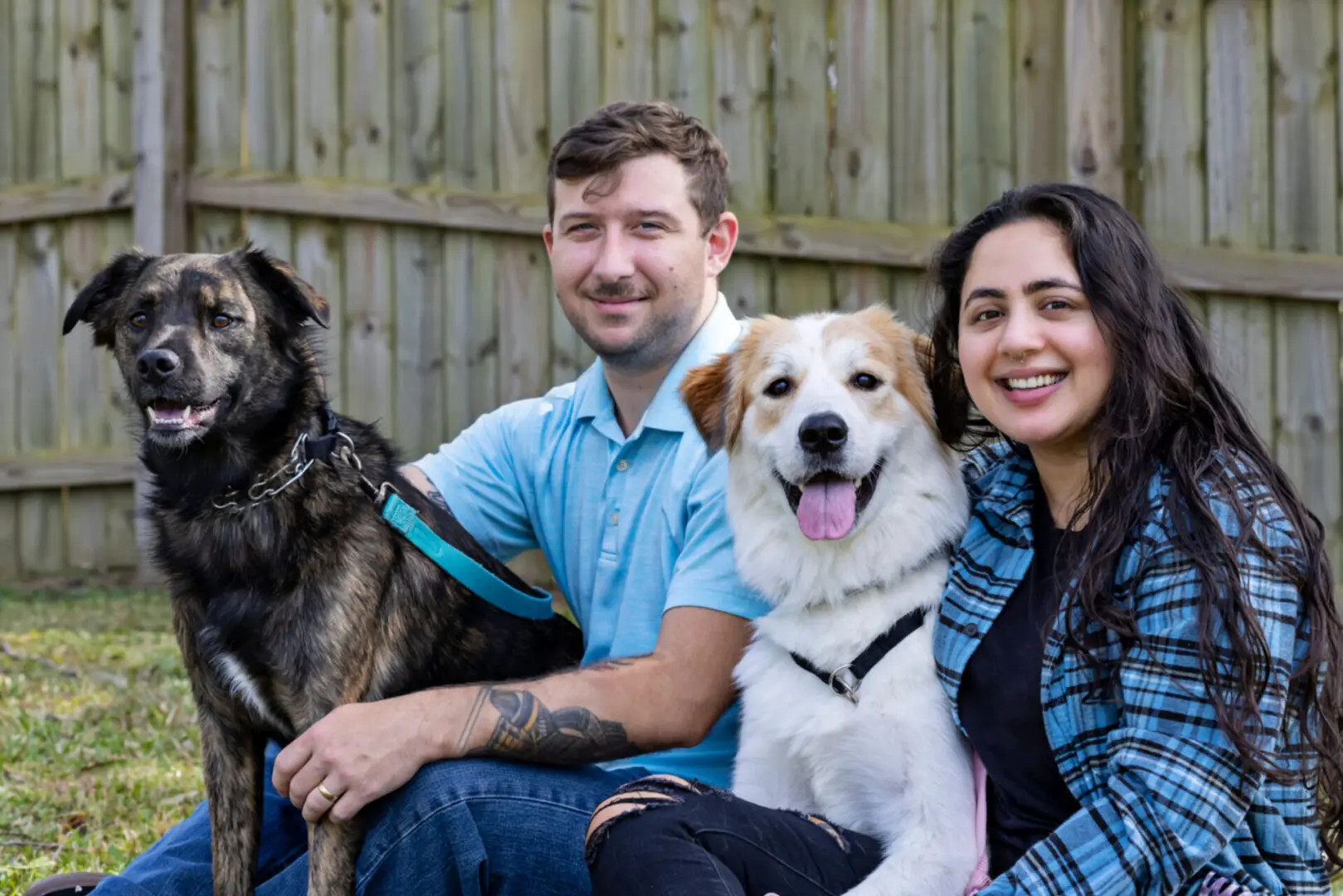 Couple with two dogs outdoors