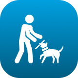 Stick figure with dog graphic on blue