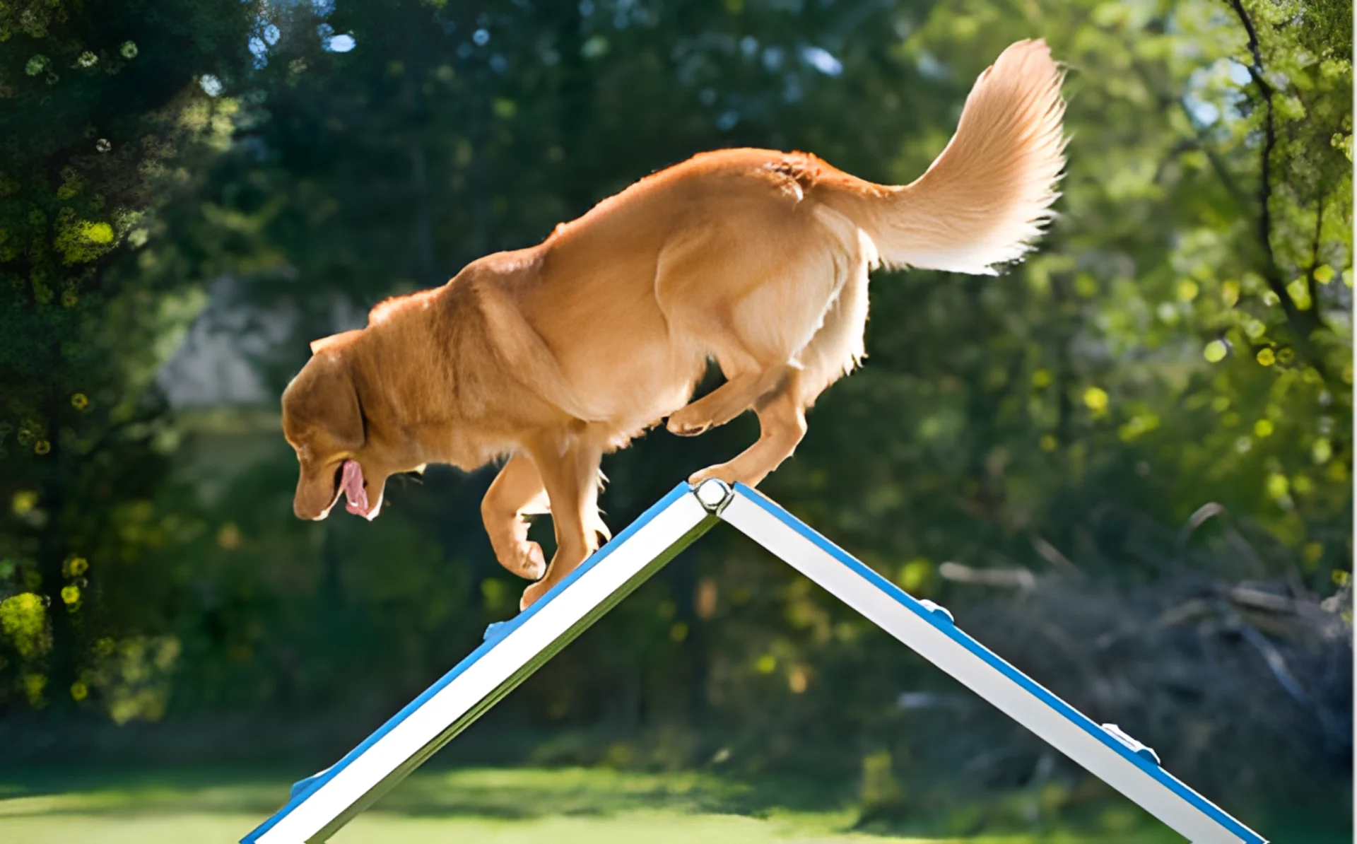 Golden retriever training on obstacle course