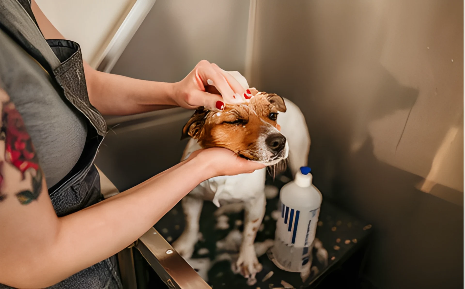 Cute dog being bathed gently