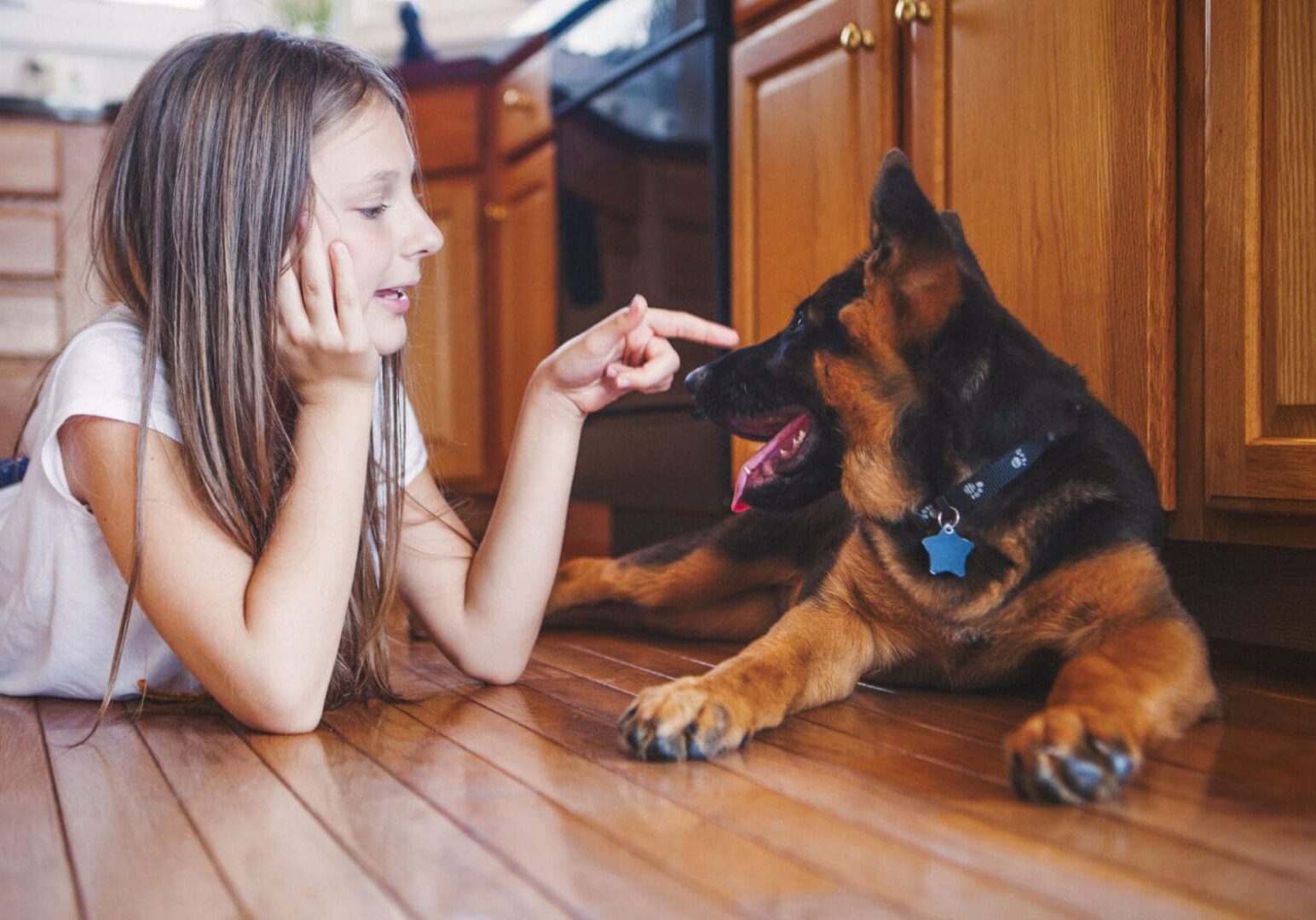 Girl playing with German Shepherd dog